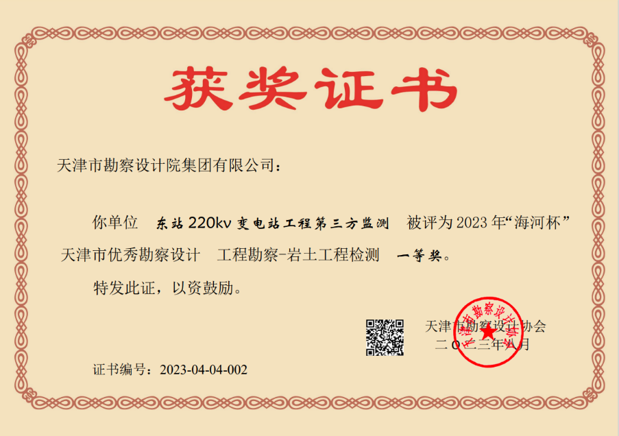 凯时娱乐人生就是博集团加入东站220kv变电站工程第三方监测项目荣获天津市“海河杯”一等奖