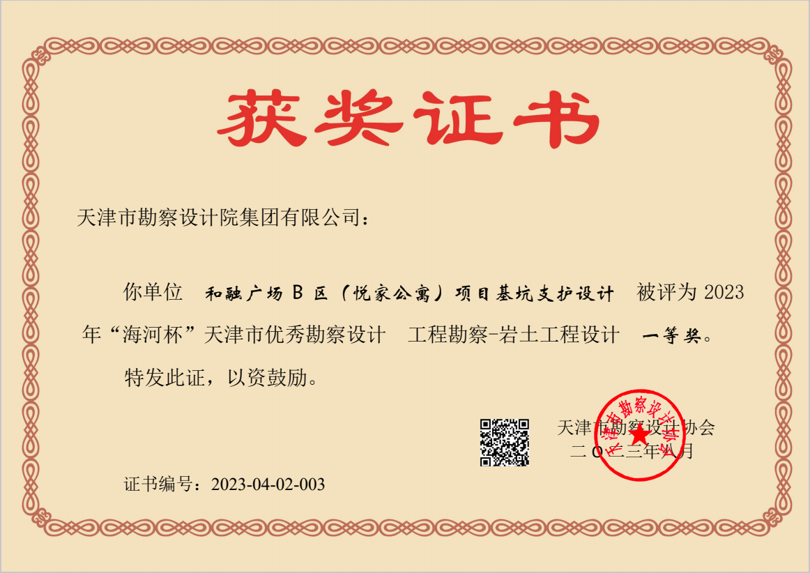 凯时娱乐人生就是博集团加入和融广场B区（悦家公寓）项目基坑支护设计项目荣获天津市“海河杯”一等奖
